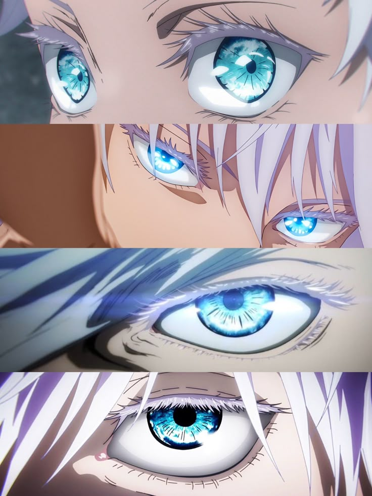 two blue eyes with white hair are shown in three different positions, one is looking at the