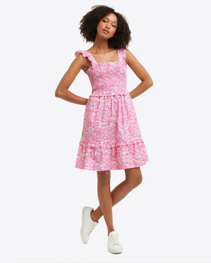 Shania Smocked Dress in Pink Shadow Floral – Draper James Spring Cotton Smocked Ruched Dress, Spring Cotton Smocked Dress With Ruched Detail, Casual Cotton Dress With Smocked Back, Summer Cotton Smocked Dress With Floral Print, Summer Smocked Ruched Cotton Dress, Casual Cotton Smocked Dress For Summer, Spring Cotton Smocked Mini Dress, Spring Cotton Smocked Dress For Brunch, Cotton Smocked Dress For Summer Vacation