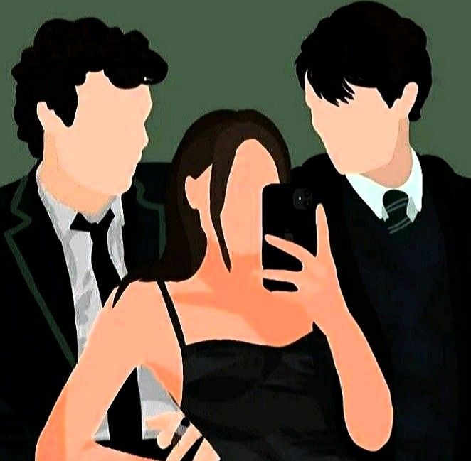 two men and a woman are taking a selfie in front of a cell phone