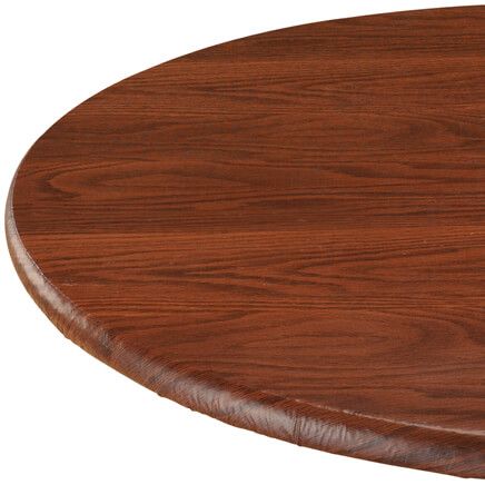 an oval wooden table top on a white background