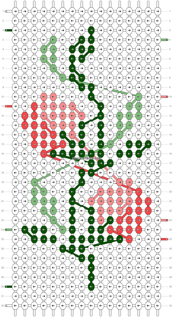 a cross stitch pattern with red, green and white dots in the shape of a tree