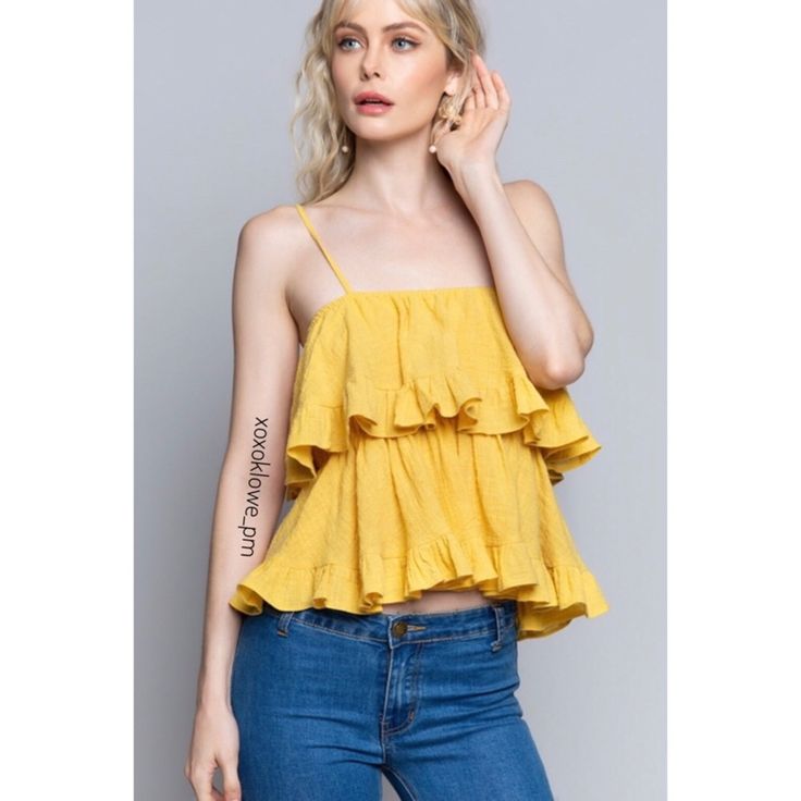 Pol Yellow Ruffle Tiered Sleeveless Linen Top Spend The Warm Day In The Hot Rays At The Pool Party While Posing For Ig In The ‘Hello And Goodbye’ Lemon Sun Yellow Tiered Ruffled Tank Top Blouse. Features Woven Linen Top Adjustable Tie Back Spaghetti Straps Square Neckline Double Tiered Layer Of Flowy Ruffles Elastic Band On Top Opening Elastic Band At Waist For Comfortable Fit Fabric 100% Cotton Linen Eco Friendly/Sustainable Non-Stretch/Non-Sheer Imported Measurements Upon Request - Don’t Be Sh Spring Sleeveless Camisole For Brunch, Trendy Spring Sleeveless Tank Top, Spring Tank Top With Spaghetti Straps And Ruffles, Yellow Sleeveless Top With Ruffles, Ruffled Spaghetti Strap Tank Top For Brunch, Spring Camisole With Ruffled Straps For Brunch, Chic Spring Camisole With Ruffled Straps, Chic Tank Top For Brunch In Spring, Chic Spring Tank Top For Brunch