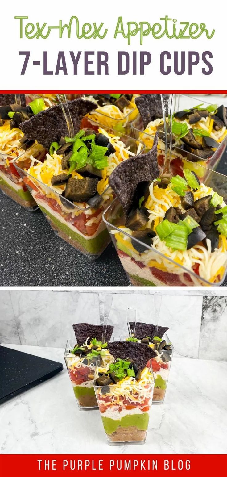 the purple pumpkin blog is featured on this page to help you learn how to make an appetizer with 7 layer dip cups