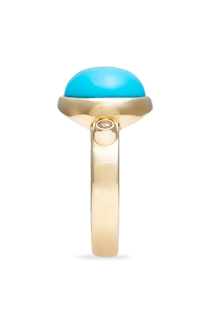 A smooth semiprecious stone flanked by two sparkling diamonds brings delightful color to this delicate ring handcrafted in 14-karat gold. Total diamond weight: 0.06ct. Color: G–H Clarity: SI2 14k gold/chrysoprase or turquoise/diamond Made in Canada Luxury Turquoise 14k Gold Ring, Luxury Yellow Gold Turquoise Ring With Gemstone Accents, Elegant Yellow Gold Turquoise Ring With Gemstone Accents, Elegant Turquoise Ring With Polished Finish, Elegant Yellow Gold Turquoise Cabochon Ring, Modern Oval Turquoise Gemstone Ring, Luxury Turquoise Oval Cabochon Ring, Classic Yellow Gold Turquoise Ring, 14k Gold Blue Oval Cabochon Turquoise Ring