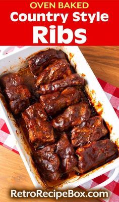 an ovened dish filled with ribs covered in bbq sauce on top of a red and white checkered tablecloth