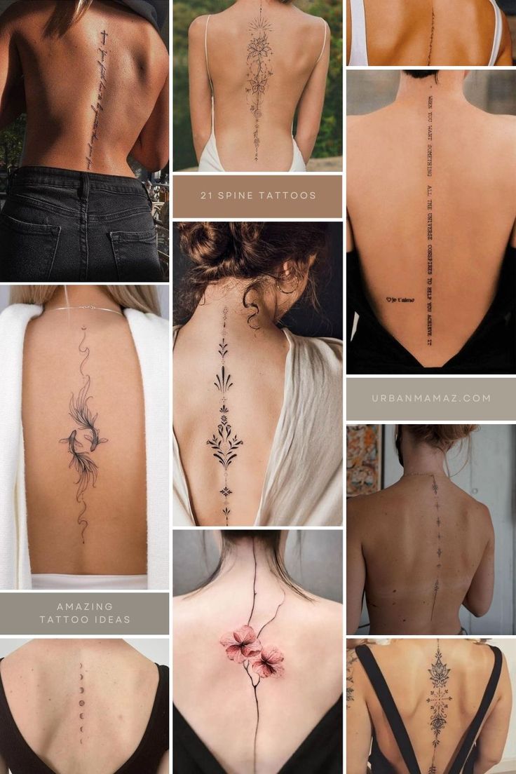 the back of a woman's neck with many different tattoos on her upper and lower back