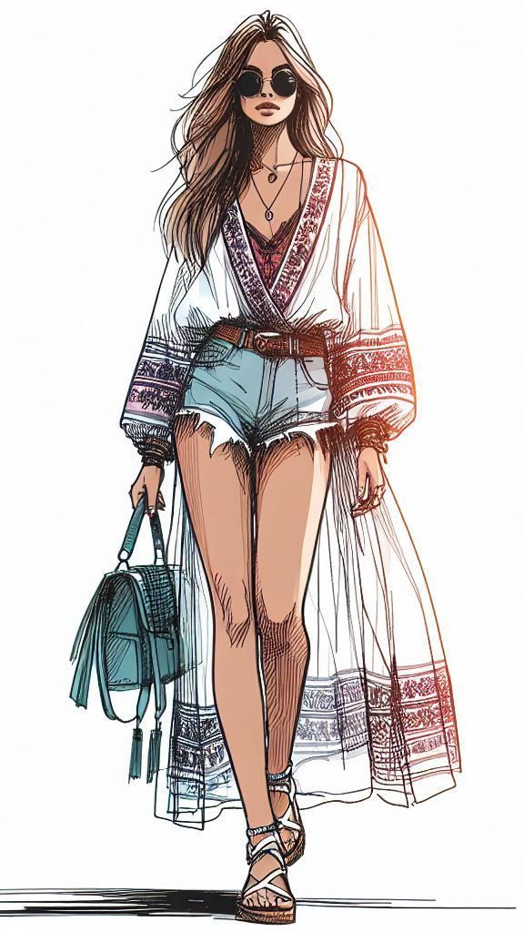 a drawing of a woman walking down the street wearing shorts and a kimono top