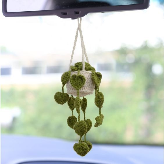 a car dashboard with a small green plant hanging from it's side