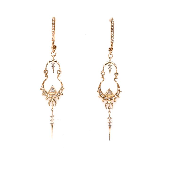 These 14kt yellow gold earrings feature a gorgeous mandala diamond dangle design that can slide on and off of a minimalist diamond bar stud. Earrings are sold as a set and made for pierced ears. Designer: Celine Daoust, handmade in Brussels. 14k Gold Teardrop Diamond Earrings, Timeless Dangle Earrings With Single Cut Diamonds, Diamond Chandelier Dangle Earrings, Pierced Diamond White Drop Earrings, Fine Jewelry Dangle Earrings With Single Cut Diamonds, Fine Jewelry Drop Earrings With Single Cut Diamonds, Timeless Dangle Diamond Earrings, Timeless Dangle Earrings With Diamond Accents, Diamond White 14k Gold Pierced Earrings