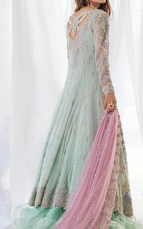 Mint Green Crinkle Chiffon Suit | Pakistani Wedding Dresses Elegant Pista Green Georgette Gown, Pista Green Dresses For Wedding And Eid, Pista Green Semi-stitched Organza Dress, Semi-stitched Pista Green Organza Dress, Pista Green Wedding Dresses For Eid, Green Organza Wedding Gown, Semi-stitched Georgette Wedding Dresses, Wedding Chiffon Salwar Kameez With Dabka Work, Pista Green Organza Dress For Wedding