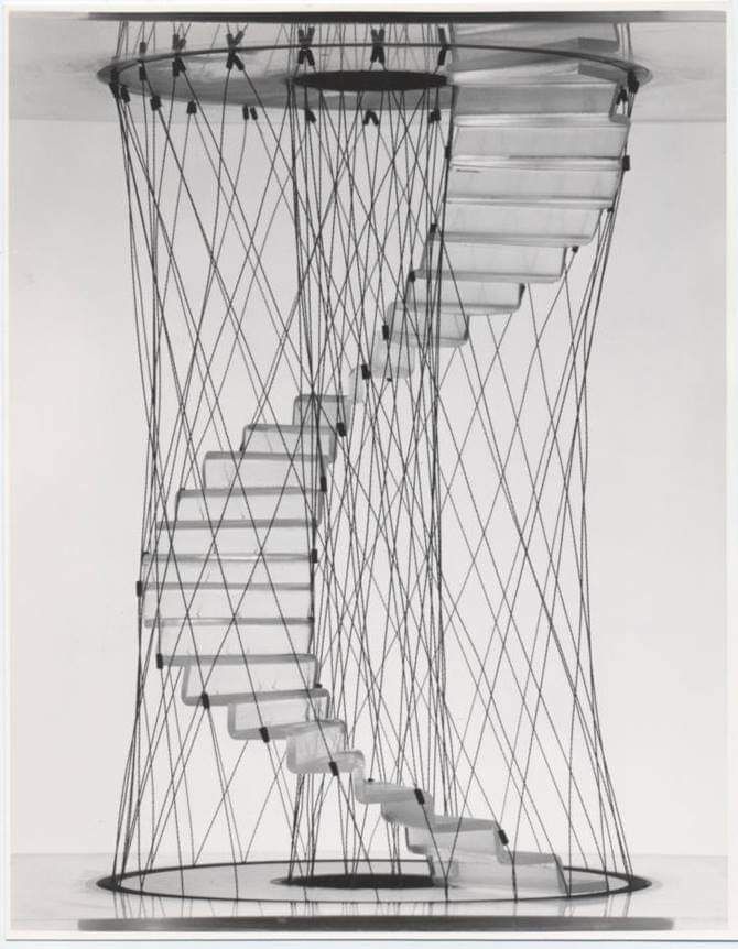 a spiral staircase is shown in black and white