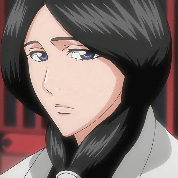 an anime character with long black hair and blue eyes looking at the camera while wearing a white coat