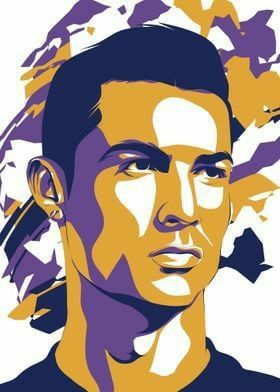 a stylized portrait of soccer player, who is wearing purple and yellow colors with his hair blowing in the wind