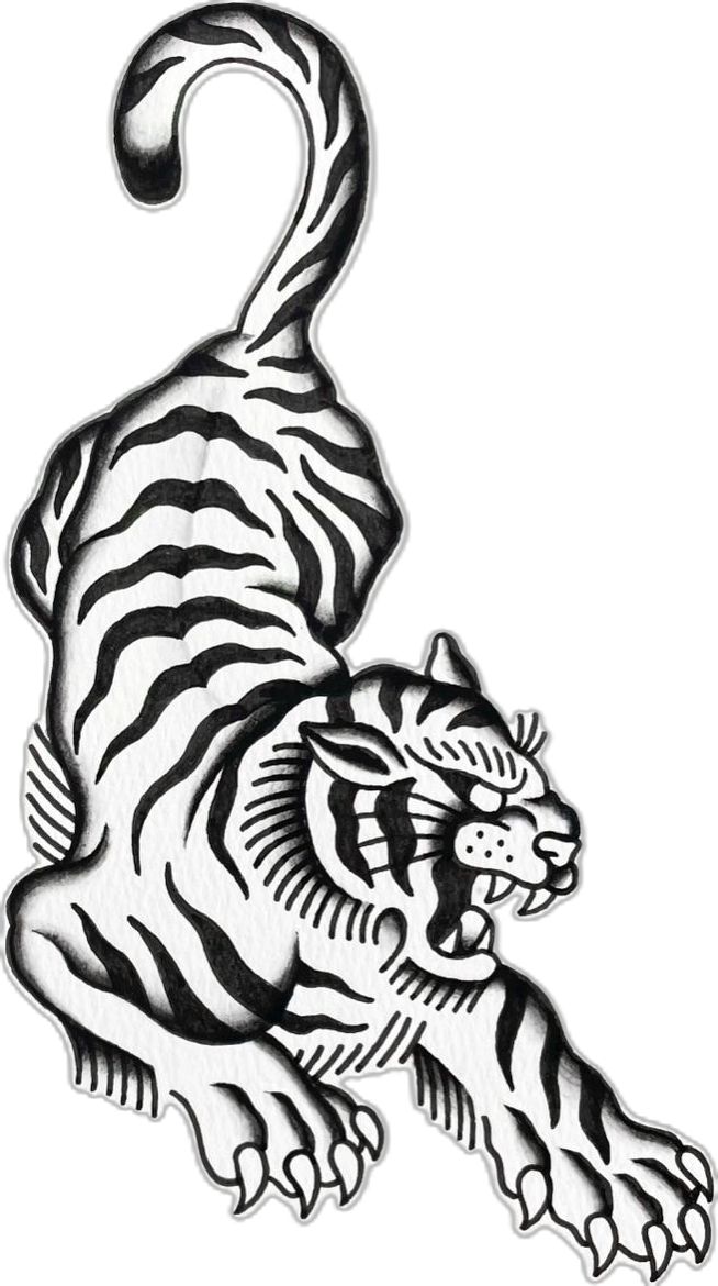 a black and white drawing of a tiger