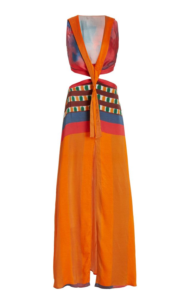 Cut Out Maxi Dress with Sailor Collar-Sundown – House of Aama Orange Tie Back Maxi Dress For Vacation, Multicolor Maxi Dress With Tie Back, Bold Multicolor Beach Dress, Charmeuse Gown, Cut Out Maxi Dress, Rainbow Fashion, Sailor Collar, Silk Charmeuse, Global Fashion