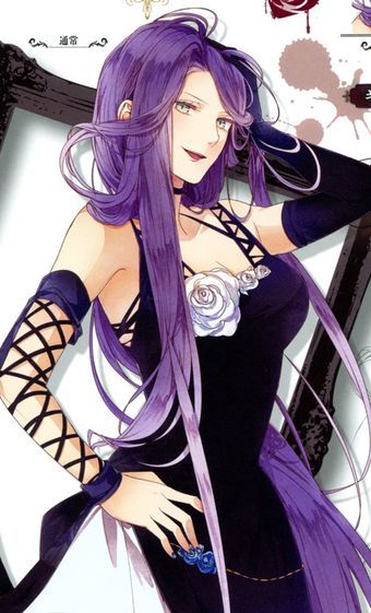 an anime character with long purple hair and tattoos on her arm, posing for the camera