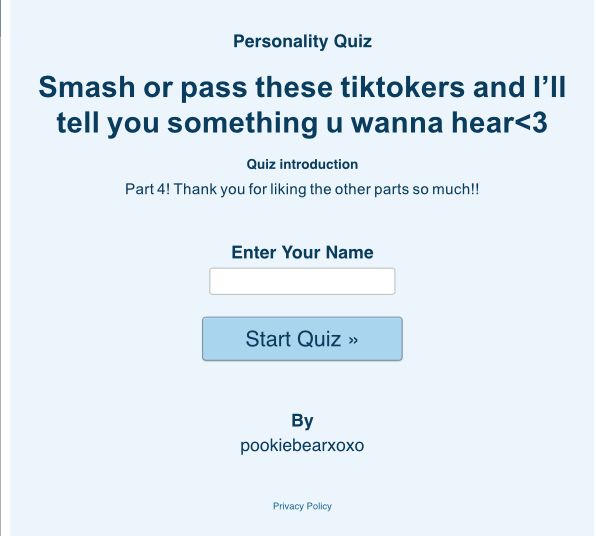 a screen shot of a quiz game with the words, smash or pass these tikskers and i'll tell you something u wanna hear?