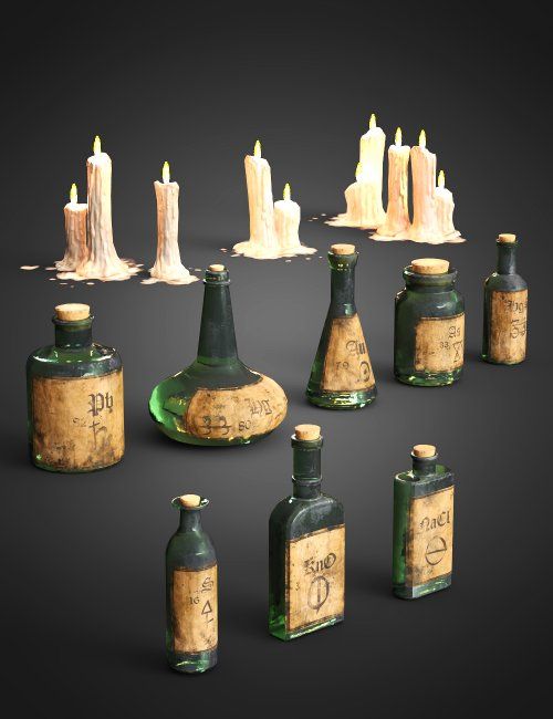 an assortment of bottles with candles in them on a black background, some are empty