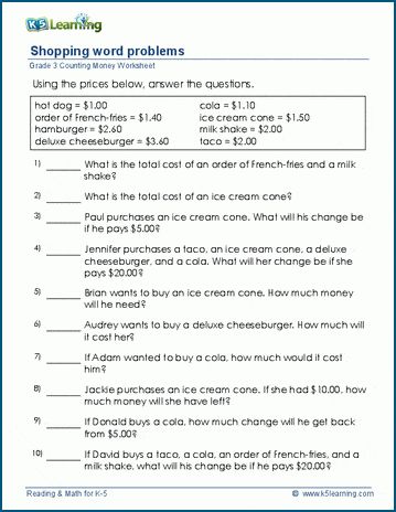 a worksheet with the words shopping word problems