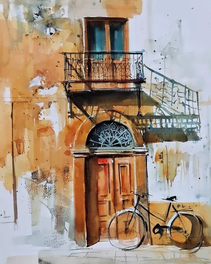 a painting of a bicycle parked in front of a building with a balcony and balconies