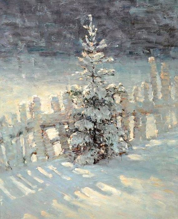 a painting of a snow covered tree in front of a fence