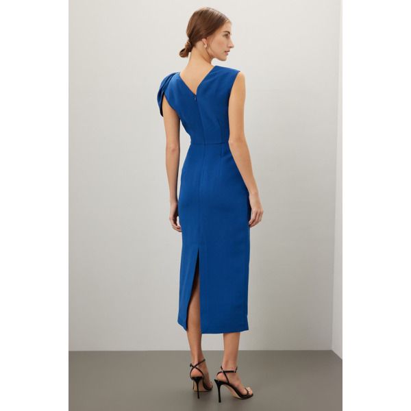 Navy crepe (73% Wool, 27% Silk). Lining (100% Polyester). Hourglass. Cap sleeve. Asymmetric. Imported. Elegant Asymmetrical Midi Dress For Work, Elegant Midi Dress With Asymmetrical Hem For Work, Elegant Asymmetrical Workwear Dresses, Elegant Summer Crepe Midi Dress, Elegant Asymmetrical Dress With Asymmetrical Neckline For Work, Spring Office Dress With Asymmetrical Neckline, Structured Midi Dress For Party, Elegant Asymmetrical Dress For Work, Asymmetrical Neckline Maxi Dress For Work