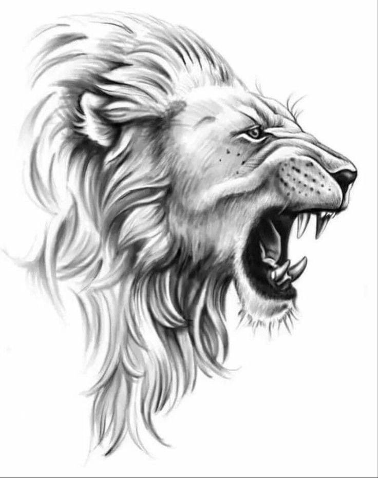 a black and white drawing of a lion's head with its mouth wide open