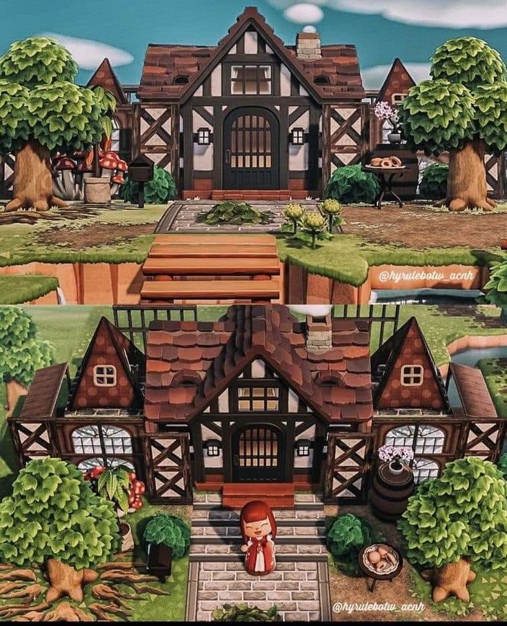 an animated image of a house in the middle of a field with trees and animals around it