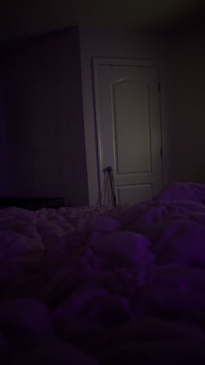 a room with a bed and a door in the corner, lit by purple light