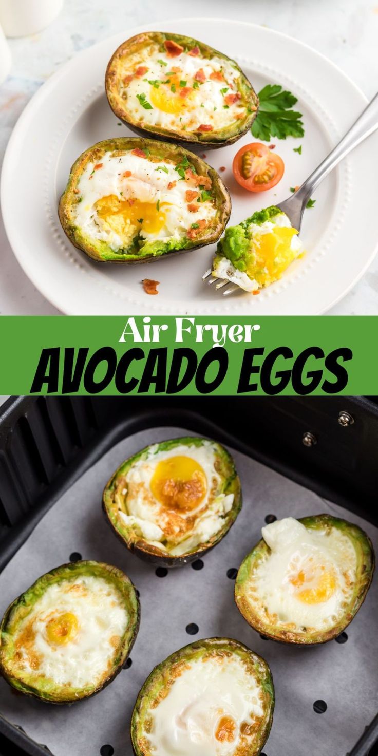 an air fryer with eggs and avocado in it, on top of a white plate