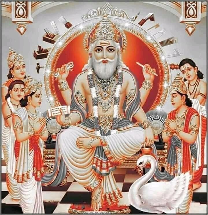 an image of the hindu god sitting in front of his family with swans around him