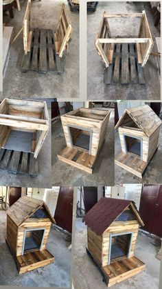 several pictures of dog houses made out of pallets