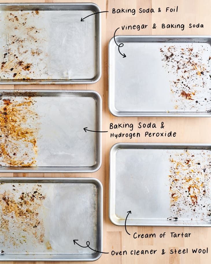 four baking pans with different types of food in them and labeled on the side