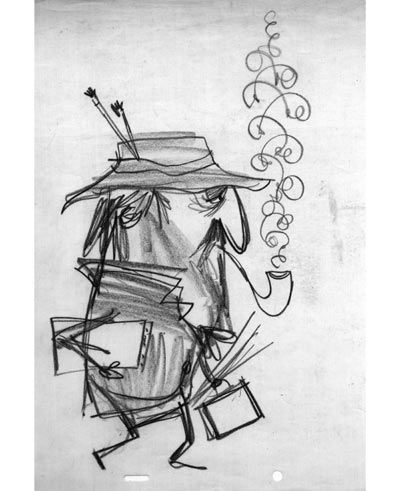 a black and white drawing of a man with a hat on his head carrying papers