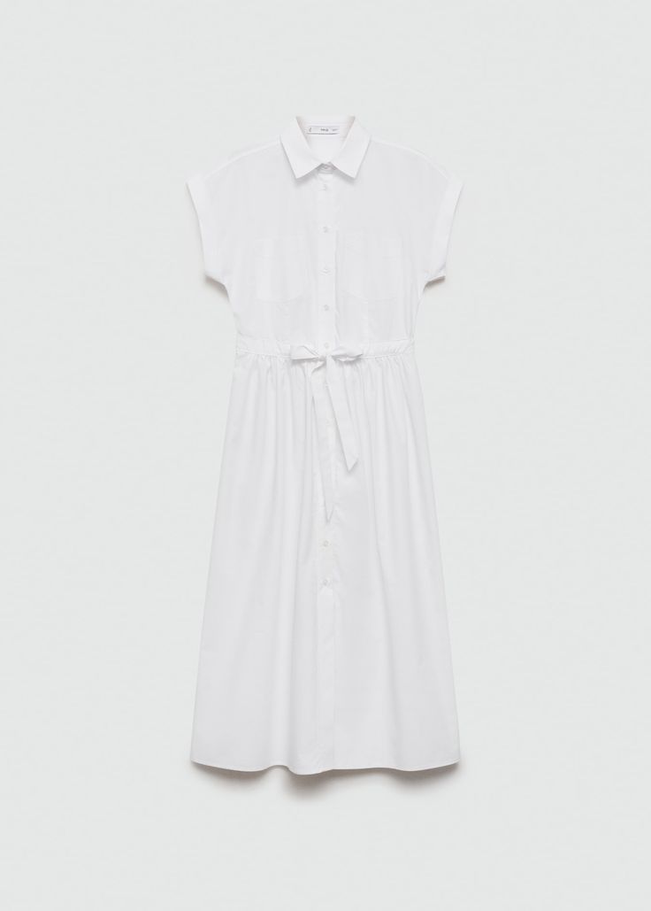 Shirt dress with gathered waist - Women | MANGO USA Cotton Dresses With Gathered Waist And Short Sleeves, White Short Sleeve Shirt Dress With Tie Waist, Classic Cotton Casual Shirt Dress, Casual Collared Workwear Dress, White Collared Dress With Tie Waist, Casual Midi Dress With Placket For Daywear, Collared Cotton Shirt Dress With Tie Waist, Cotton Collared Shirt Dress With Tie Waist, Casual Cotton Midi Dress With Pleated Waist