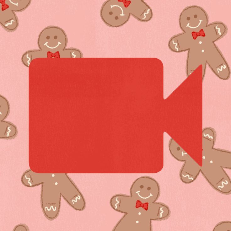 an arrow pointing to gingerbreads on a pink background with smaller ginger men in red bow ties