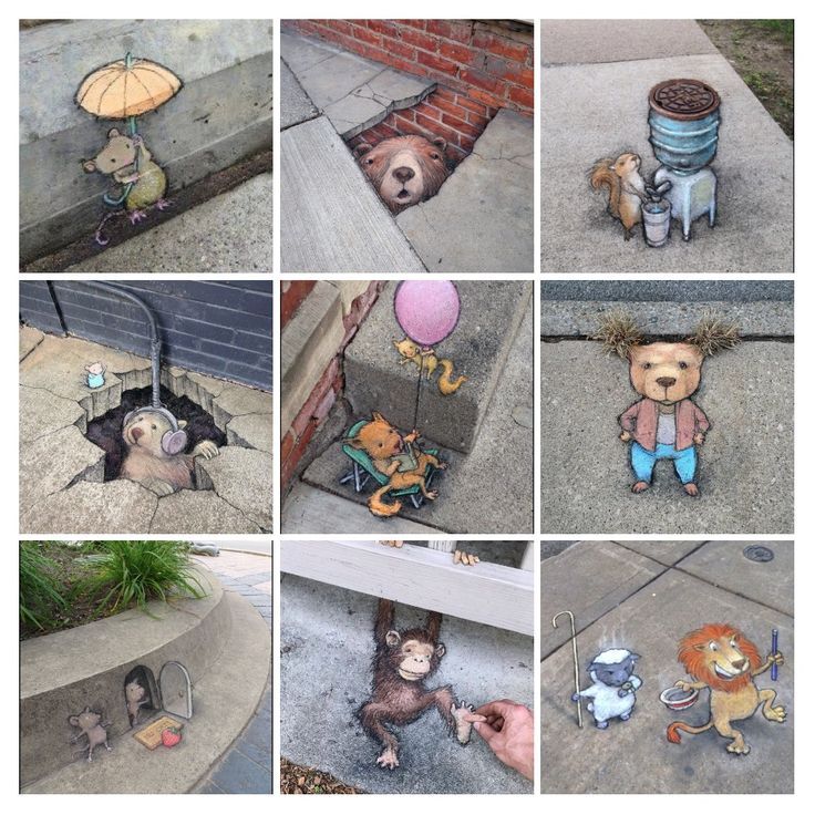 some drawings on the ground with animals and people under umbrella's hats, in different positions