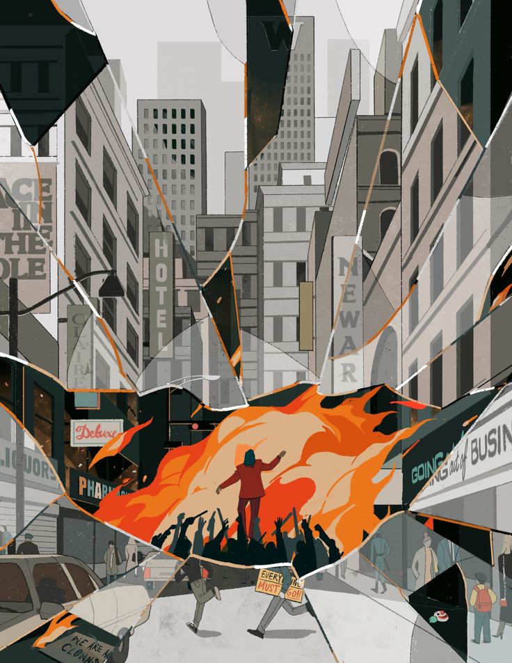 an illustration of a man on fire in the middle of a city with buildings and people