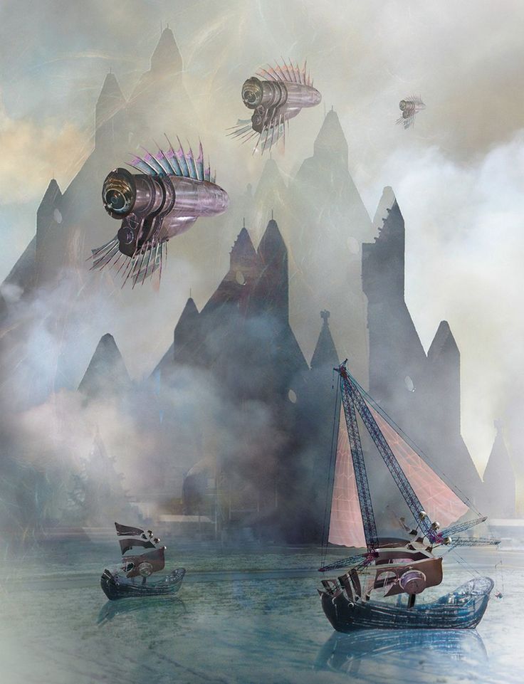 an image of a fantasy scene with ships and fish floating in the water near castle like structures