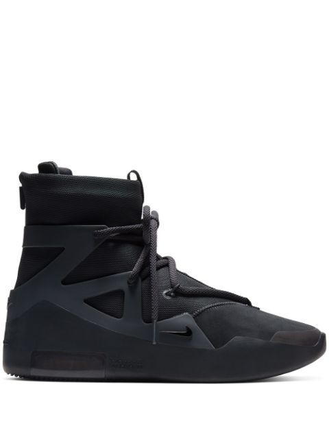 Shop black Nike Air Fear of God 1 "Triple Black" sneakers with Express Delivery - Farfetch Nike Suede Lace-up Sneakers, Dynamic High-top Lace-up Sneakers, Nike Dynamic Leather Sneakers, Nike Leather Dynamic Sneakers, Nike Leather Sneakers In Dynamic Style, Nike Suede Sneakers With Laces, Modern Nike High-top Sneakers With Rubber Sole, Nike Urban High-top Sneakers With Rubber Sole, Nike Urban High-top Sneakers With Contrast Sole