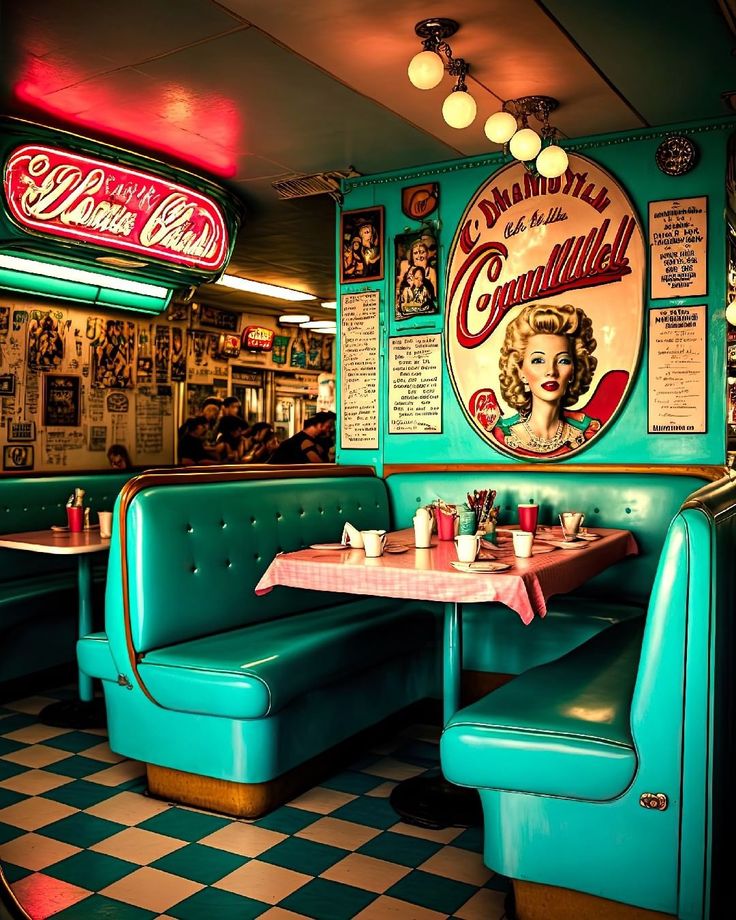 the interior of a diner with booths and tables