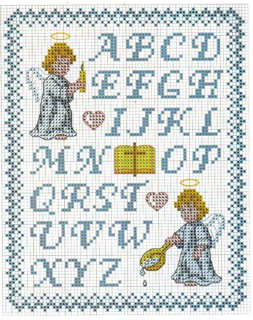 a cross stitch pattern with an angel and letters