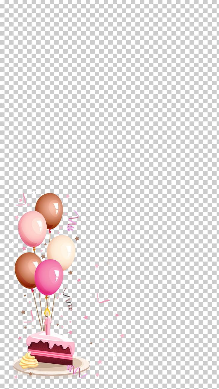 a pink cake with balloons on top and confetti in the middle, against a white background