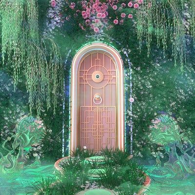 a pink door surrounded by flowers and greenery