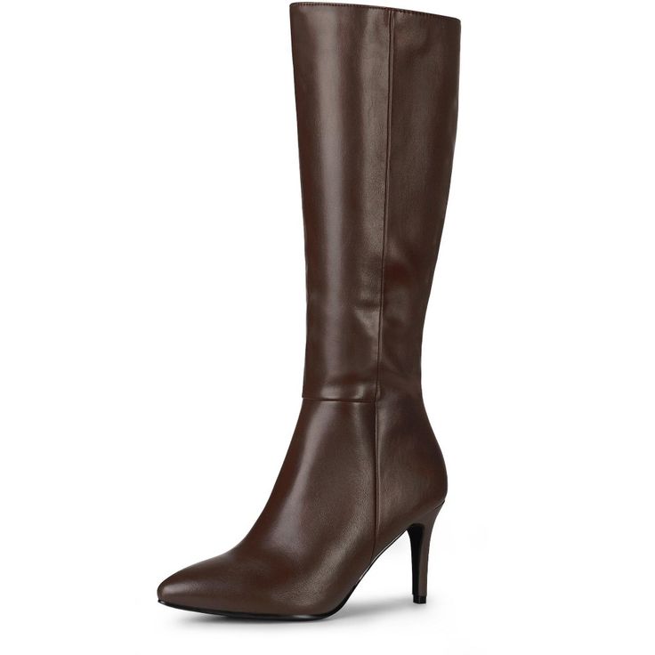 Our womens stiletto heel knee high boots have a soft faux leather upper and zipper closure design that acts as a great versatile style. Featuring pointy toe, high heel, finished with cushioned insole, soft interior lining, and side zipper closure for easy on/off. Add a touch of style to your daily outfits to keep your legs looking long and fabulously,meanwhile keep you warm in this season. Knee High Boots; Pointed Toe; Side Zipper Closure; Stiletto High Heels; Vamp: Faux Leather; Outsole: Rubber Knee High Boots Brown, Western Dress With Boots, Heel Knee High Boots, Brown Knee High Boots, Closure Design, Womens Stilettos, Closed Toe Shoes, Faux Leather Heels, Spike Heels