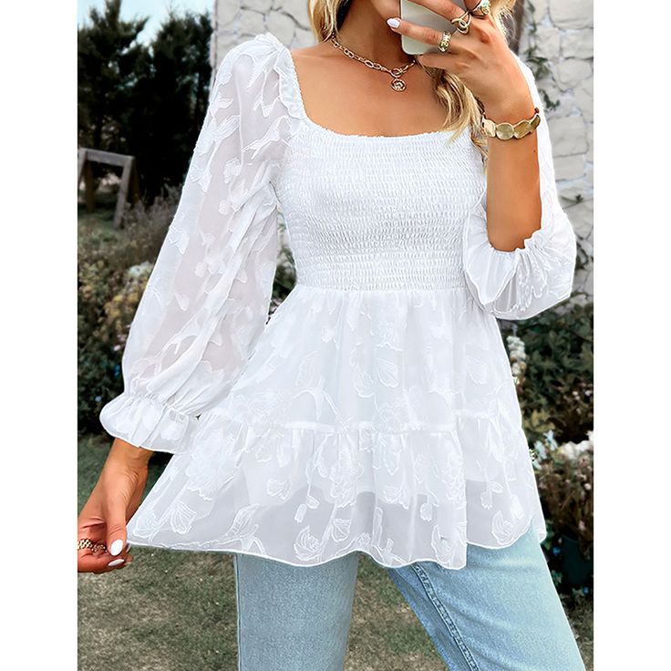 White Smocked Square Neck Long Sleeve Blouse Long Sleeves Tops, Square Neck Long Sleeve, Women Tunic Tops, Long Sleeve Tunic, Tunic Top, Long Tops, Square Neck, Smocking, Sleeve Blouse