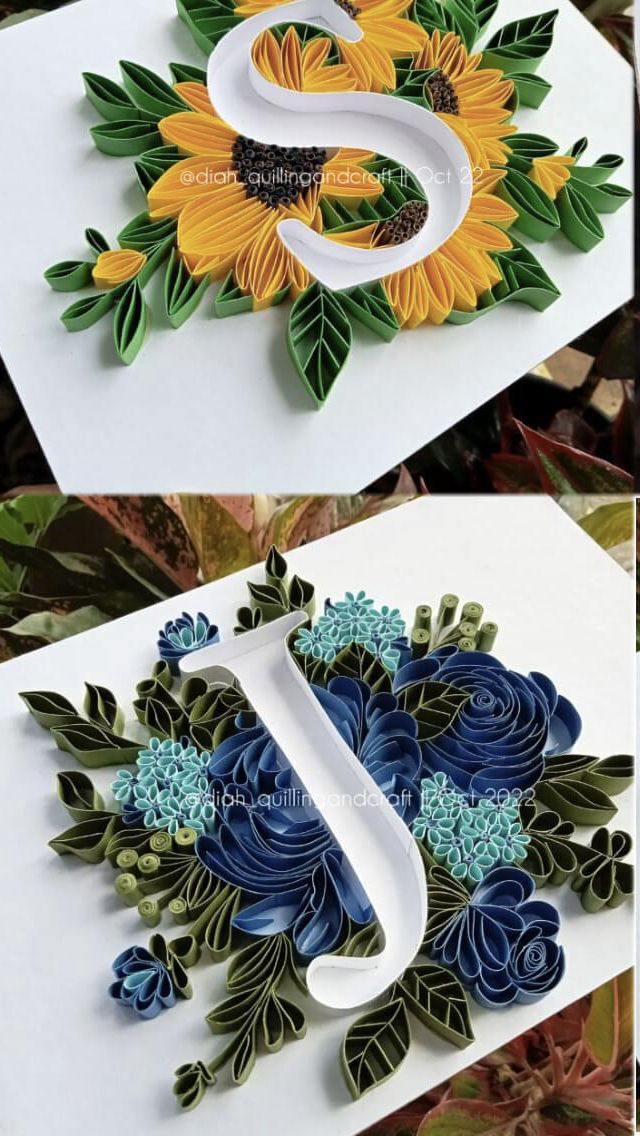 three different pictures of flowers and the letter s on them are made out of paper