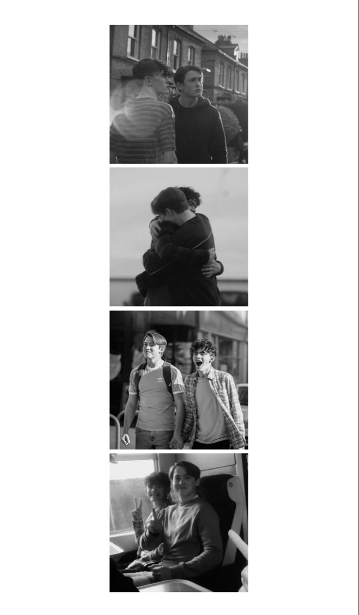 black and white photographs of people in different places, with one person hugging the other