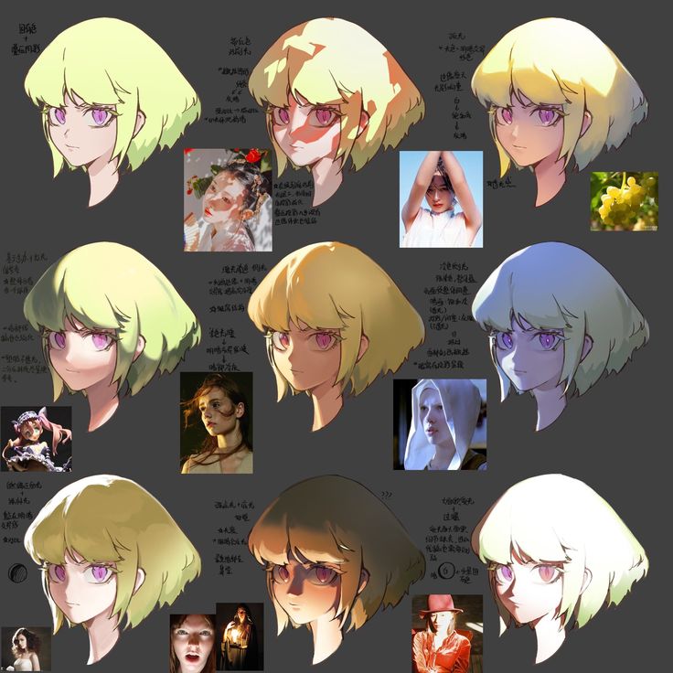 an anime character with blonde hair and glasses, all in different poses for the camera