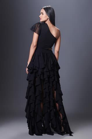 Black one shoulder dress with placed floral applique detail and cascade ruffle. - Aza Fashions Black One Shoulder Dress, Floral Applique, Dress For Women, Aza Fashion, Ruffle Dress, Shoulder Sleeve, Dresses Online, One Shoulder Dress, Shoulder Dress